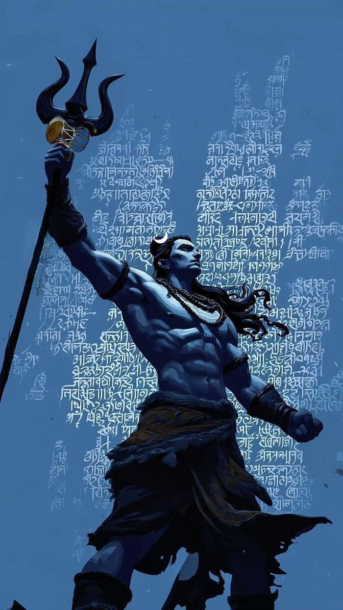 Lord Shiva Trishul Canvas Wall Art – Blue Mahadev Warrior Painting