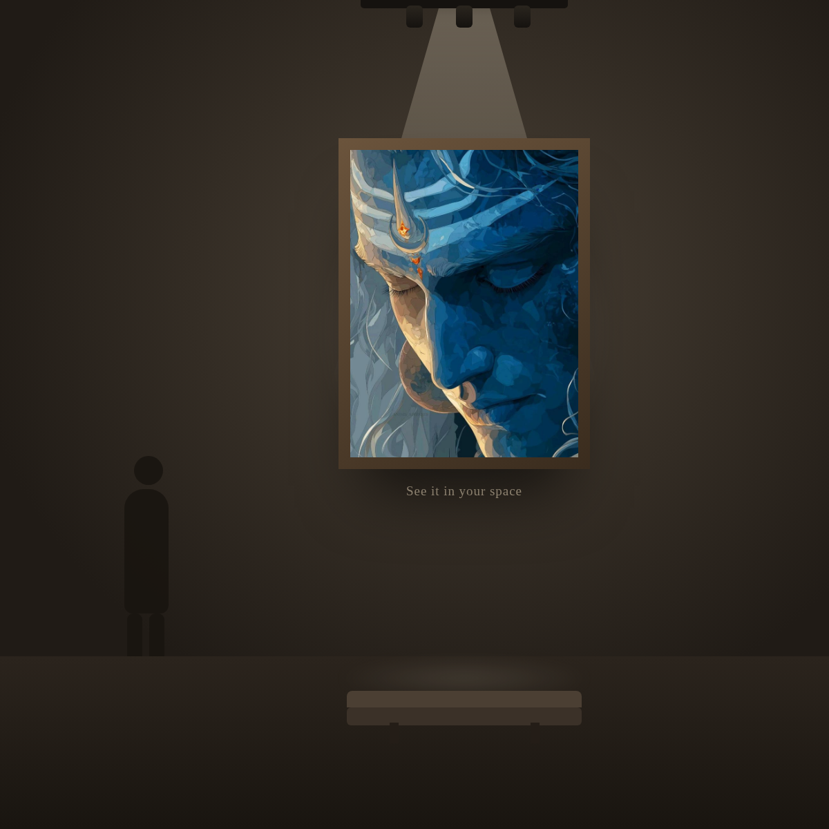 Shiva Face Blue - in a gallery space