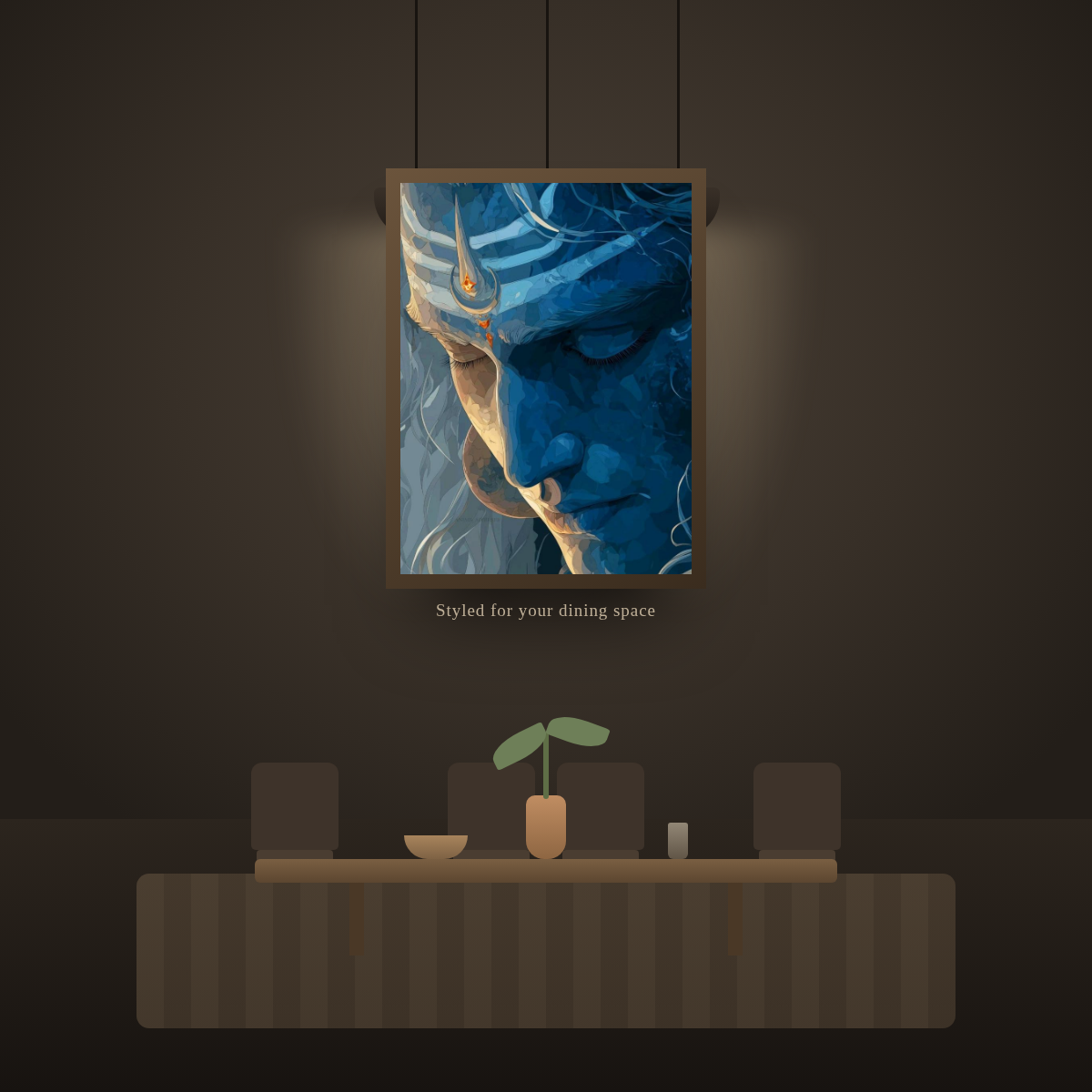Shiva Face Blue - in a dining room
