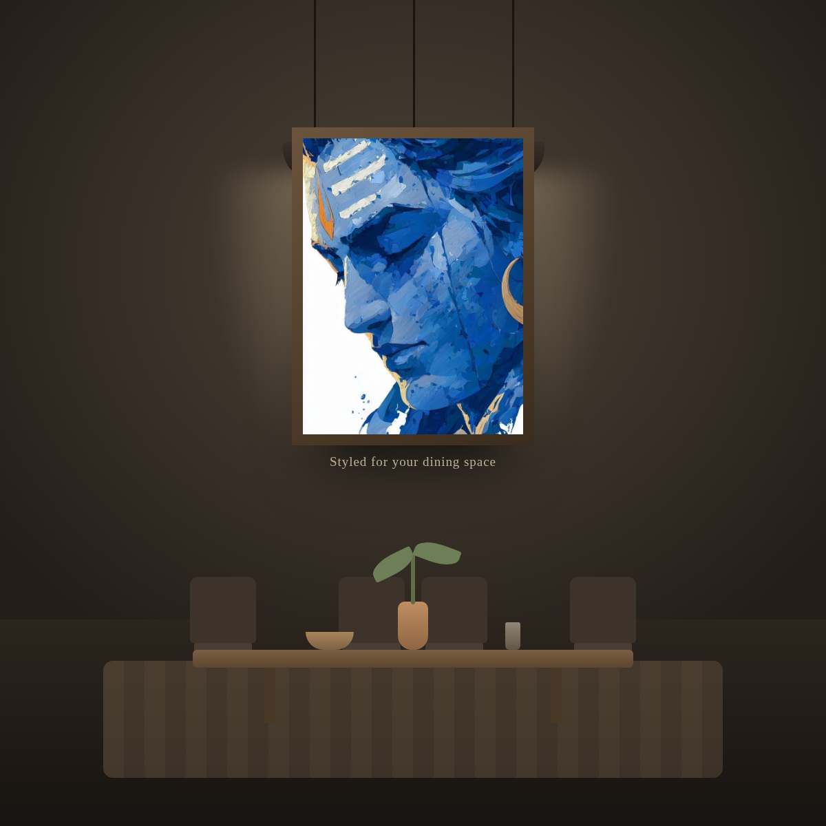 Abstract Blue Shiva Face - in a dining room