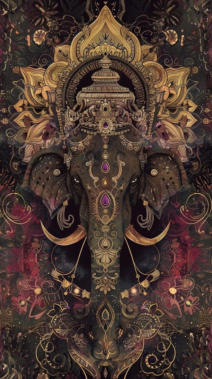 Ornate golden Ganesha mandala canvas wall art on dark ornamental background