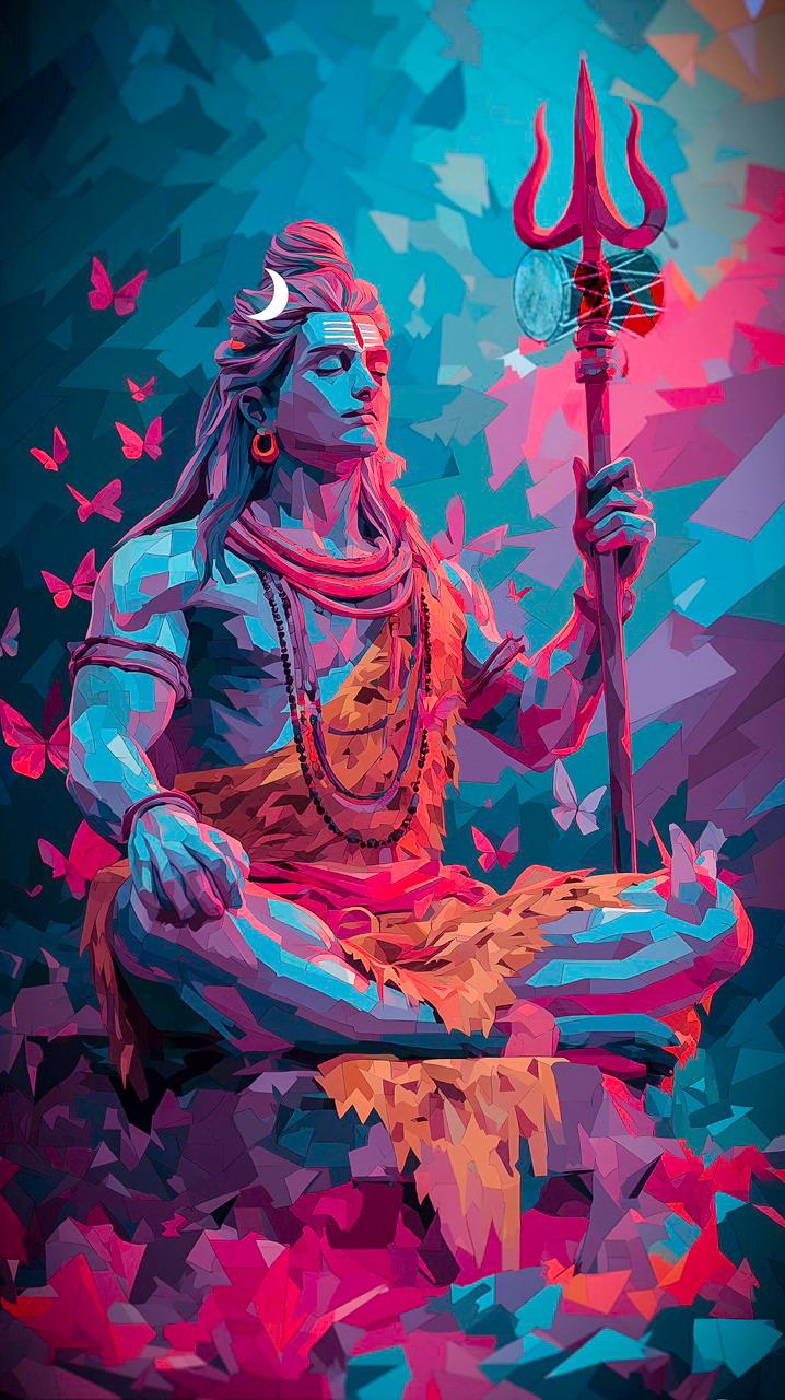 Geometric low poly meditating Lord Shiva canvas wall art with trishul teal pink butterflies