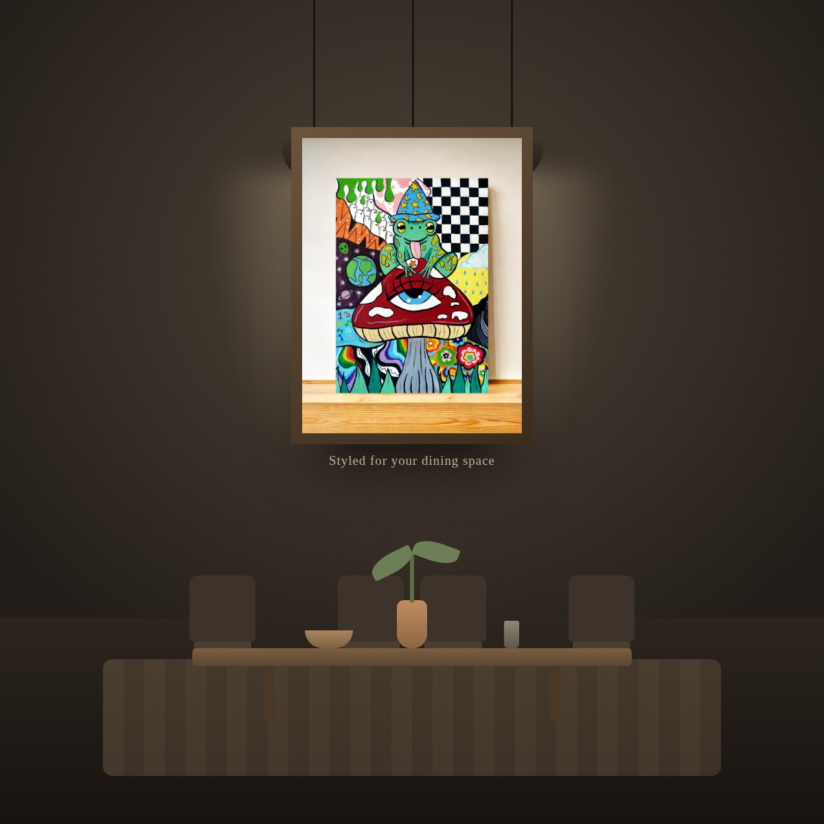 Psychedelic Frog Wizard - in a dining room