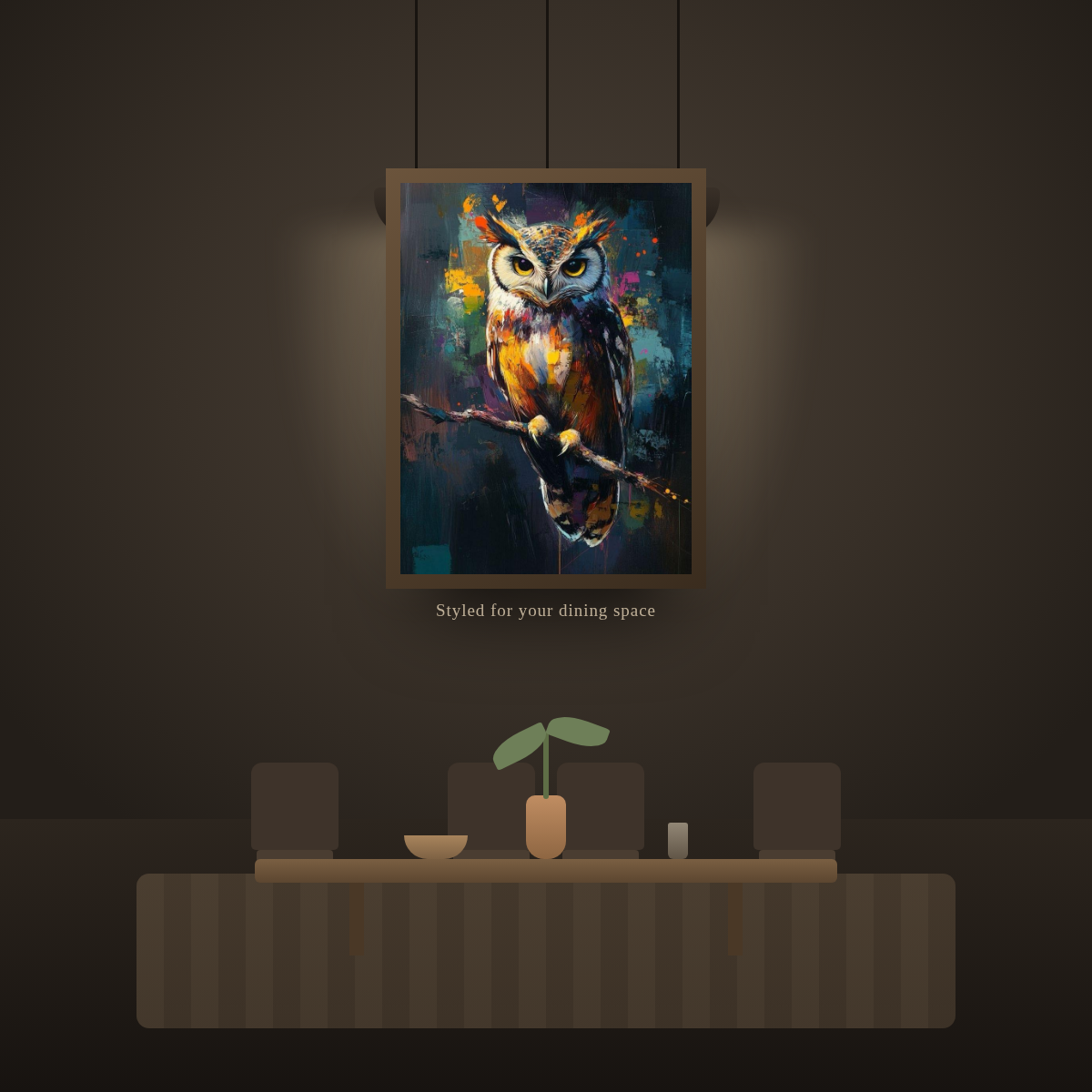 Colorful Abstract Owl - in a dining room