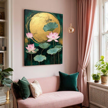 Golden Moon Lotus Canvas Wall Art – Pink Lotus & Emerald Green Painting