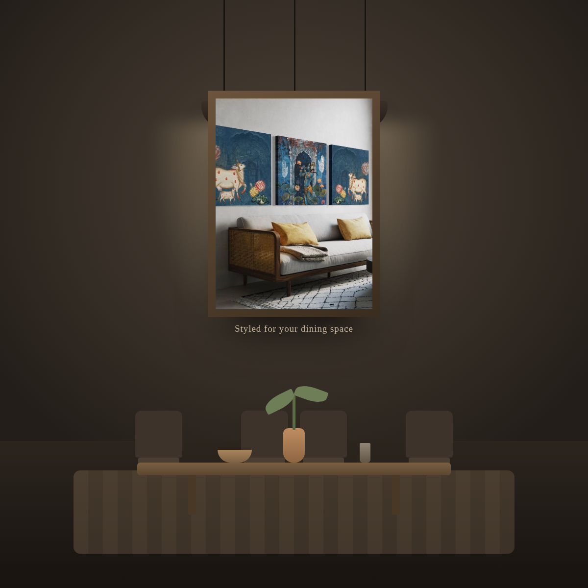 Krishna Sacred Cows Triptych - in a dining room