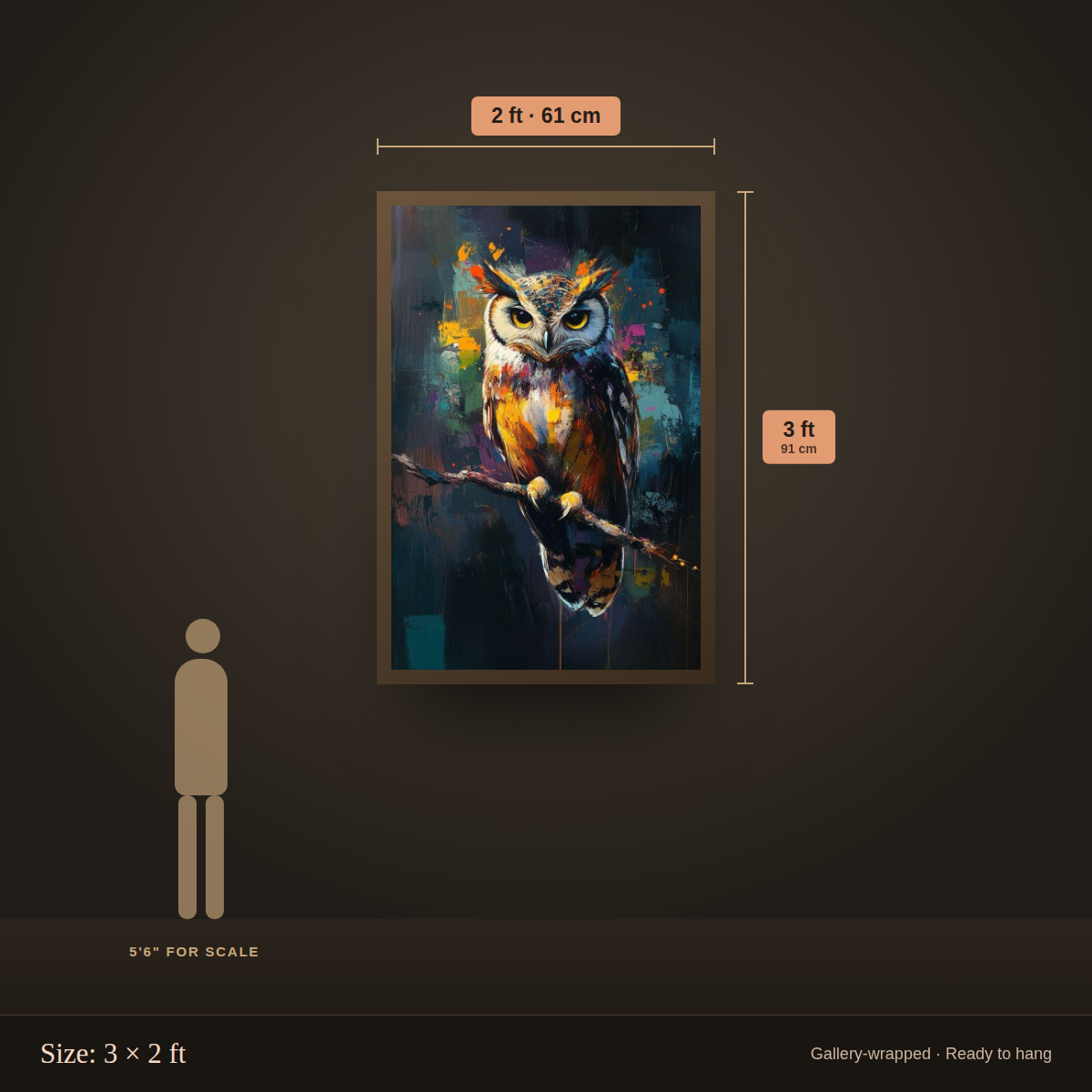 Colorful Abstract Owl - size guide 3x2 ft