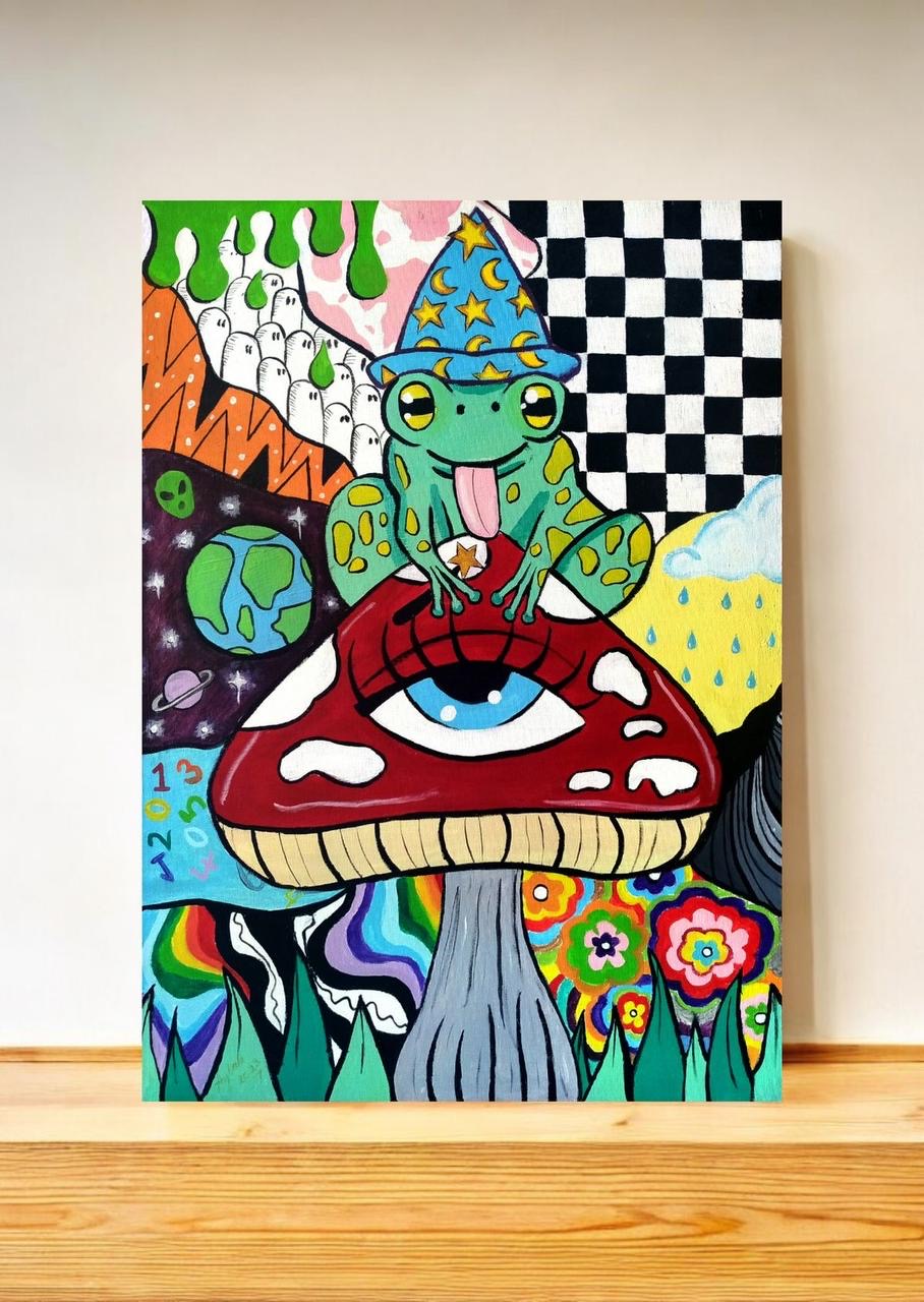 Psychedelic frog wizard sitting on a red eye mushroom trippy colorful canvas wall art