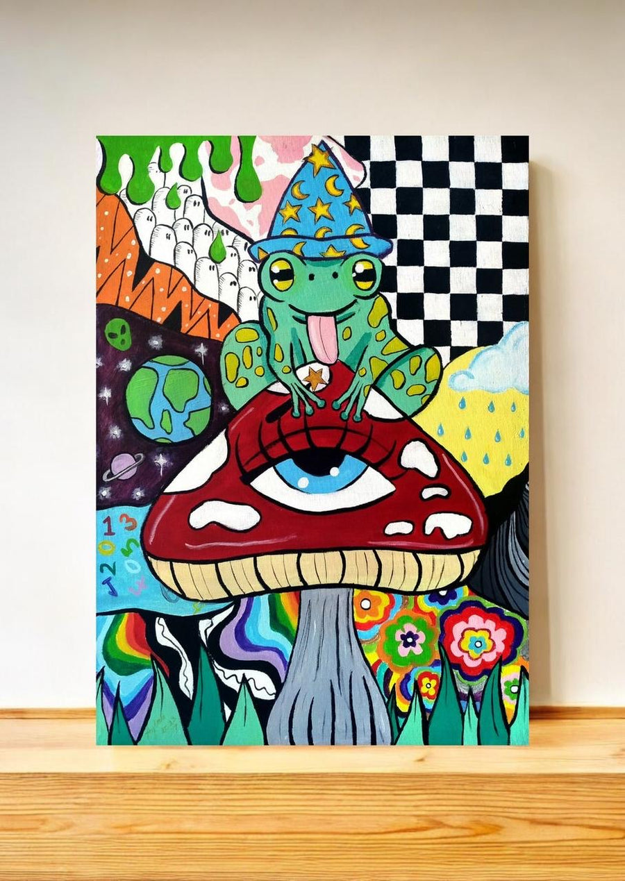 Psychedelic frog wizard sitting on a red eye mushroom trippy colorful canvas wall art
