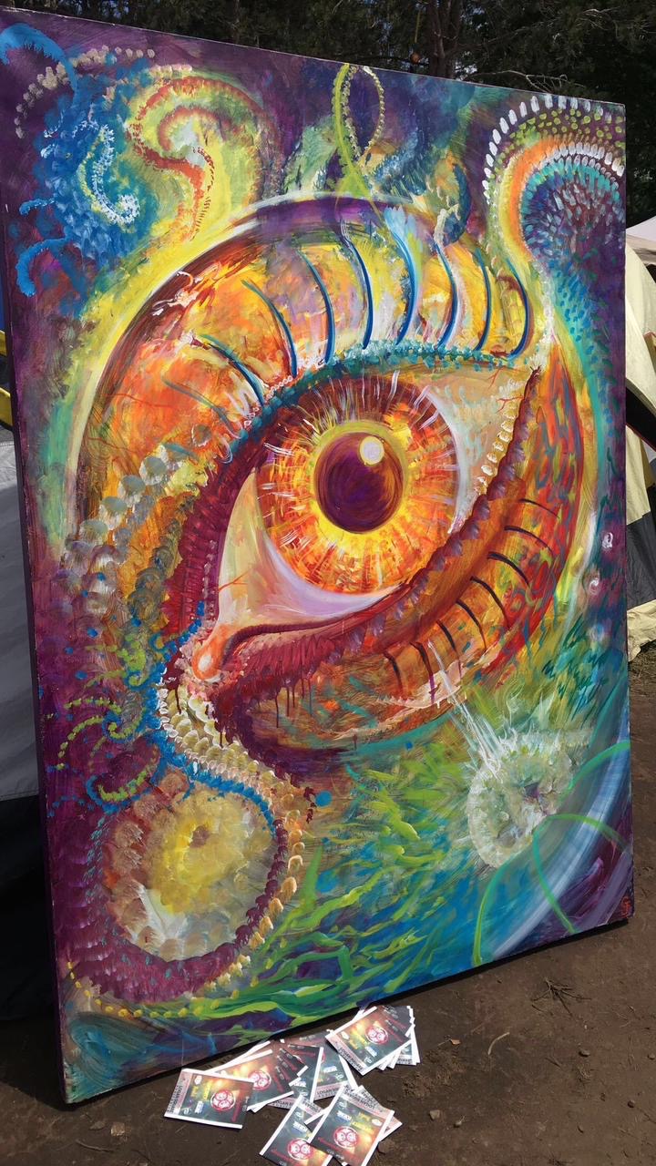 Psychedelic cosmic eye canvas painting with rainbow swirls trippy abstract wall art