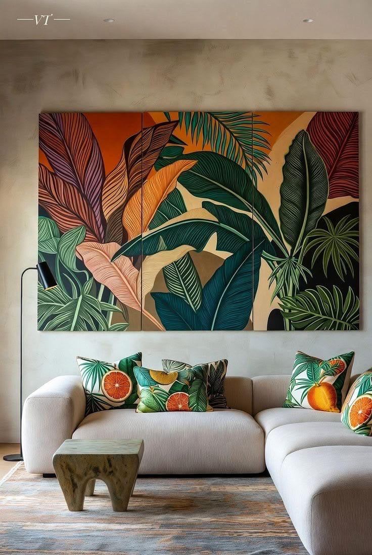 Tropical banana and palm leaf botanical jungle canvas wall art in green and orange tones