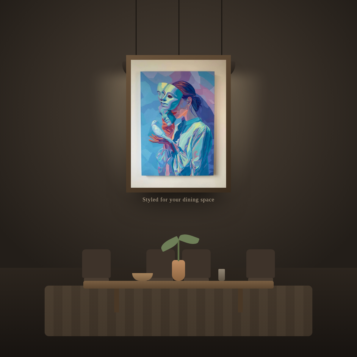 Woman Mask Dove - in a dining room