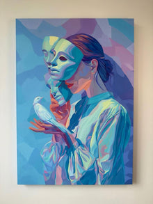 Abstract Woman with Mask & Dove Canvas – Modern Surreal Portrait Wall Art